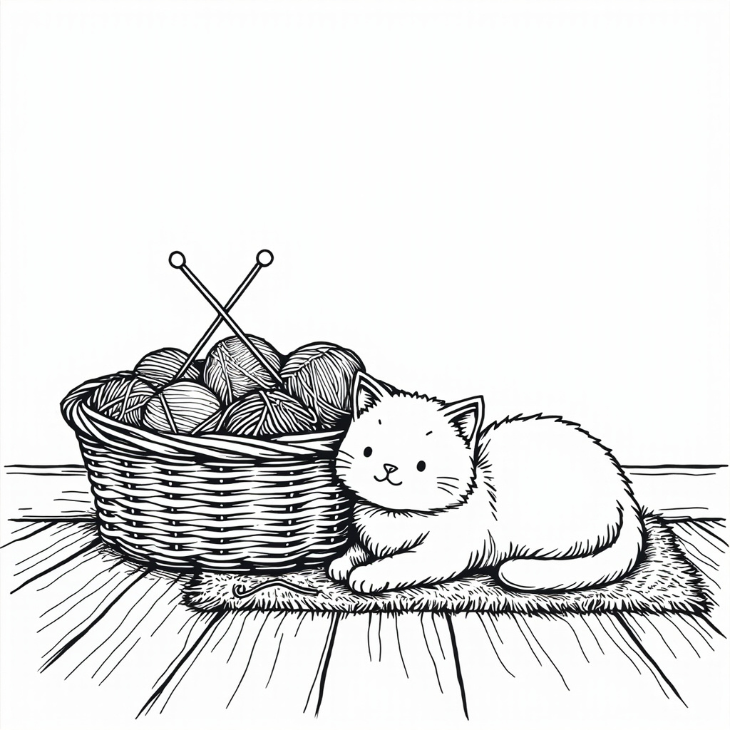 Cat beside a yarn basket