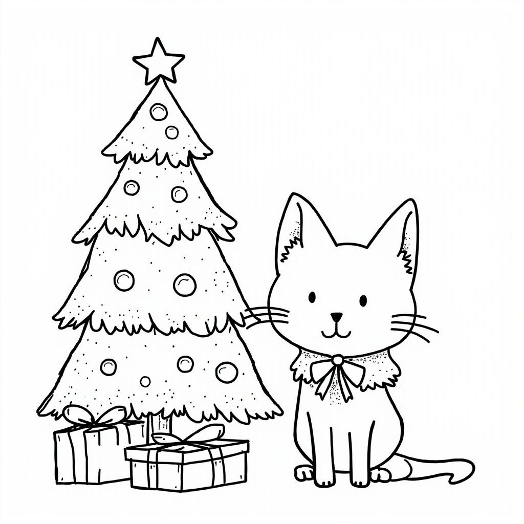 Cat beside a Christmas tree
