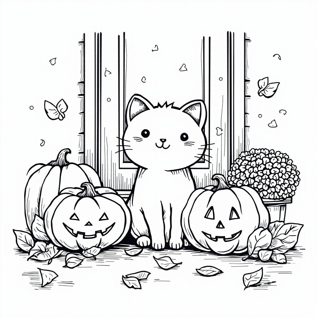 Cat between carved pumpkins