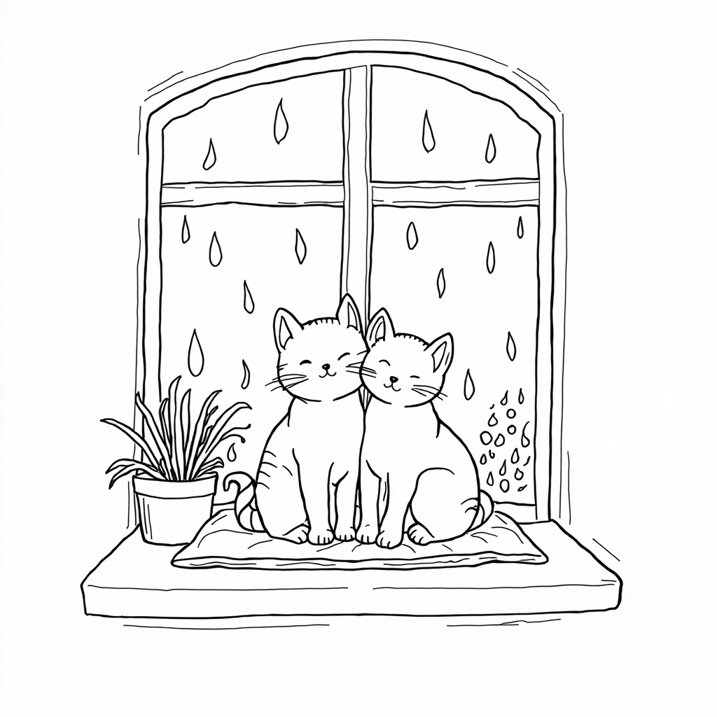 Two cats on a windowsill in the rain