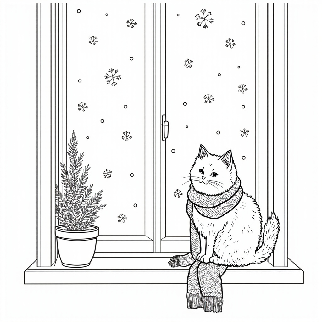 Fluffy cat at a snowy window