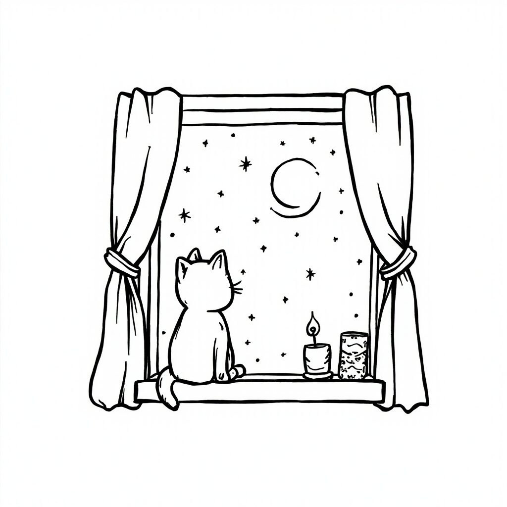 Cat by the window in moonlight