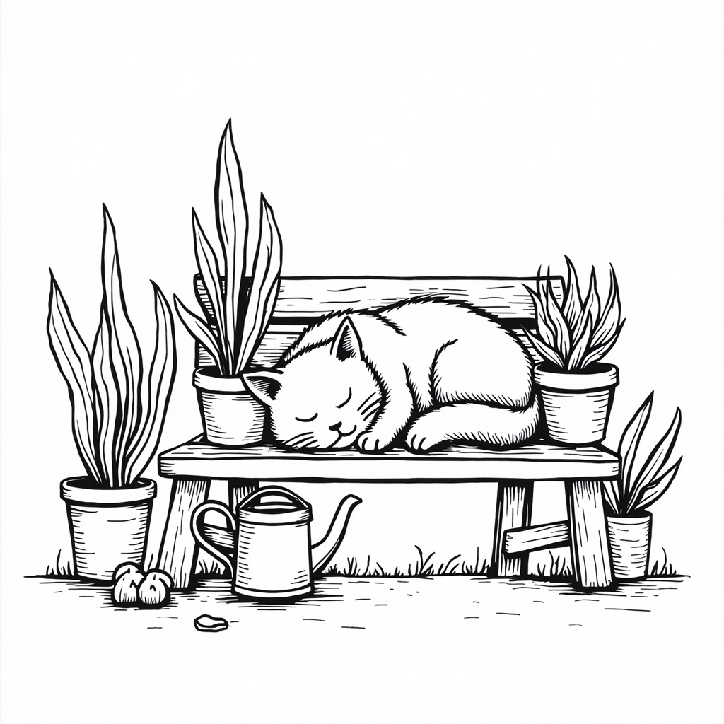 Cat napping among potted plants