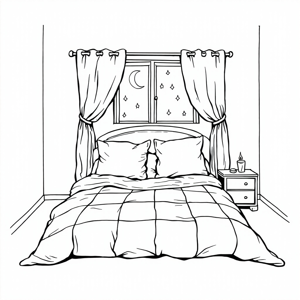 Bed by a window in moonlight