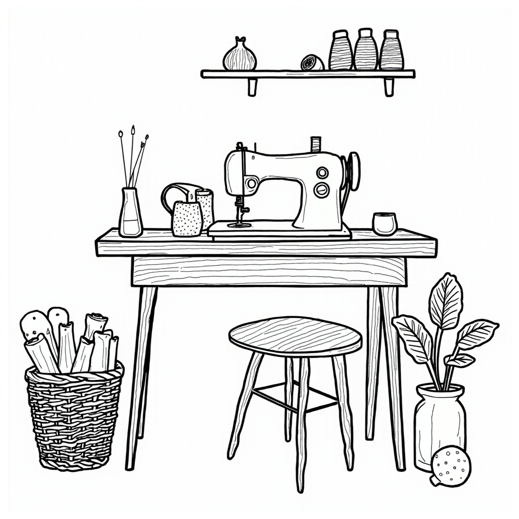 Sewing corner with fabric and buttons