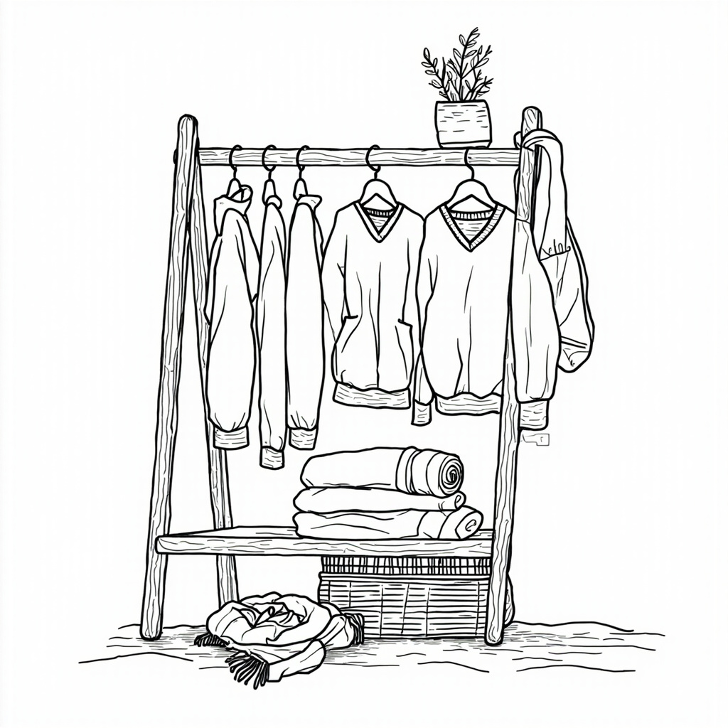 Wooden rack with folded sweaters
