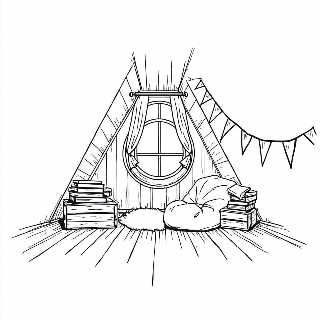 Attic reading nook under a sloped roof