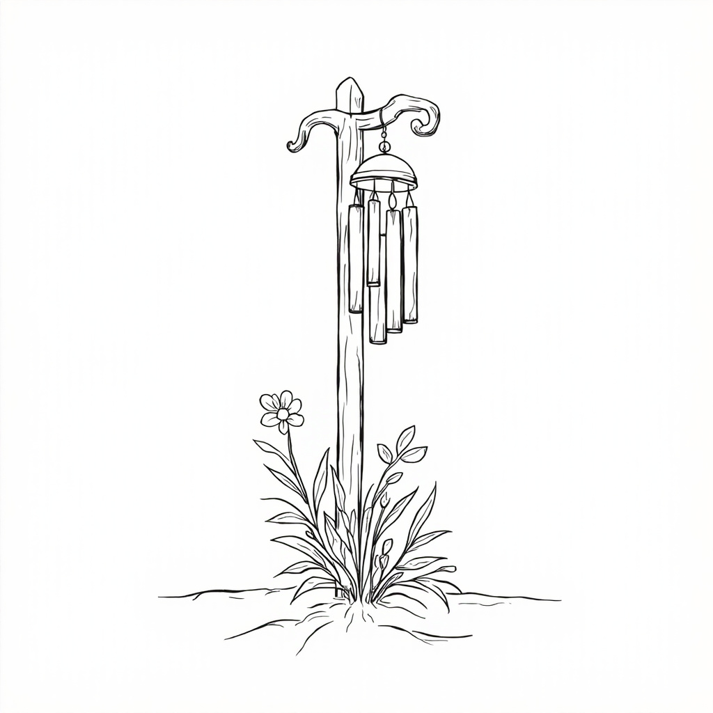Wind chimes on a pole among flowers