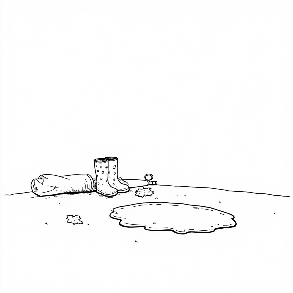 Rain boots by a puddle with an umbrella