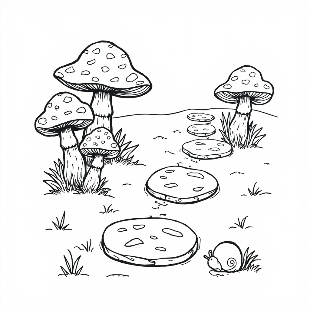 Stepping stone path with big spotted mushrooms and a snail