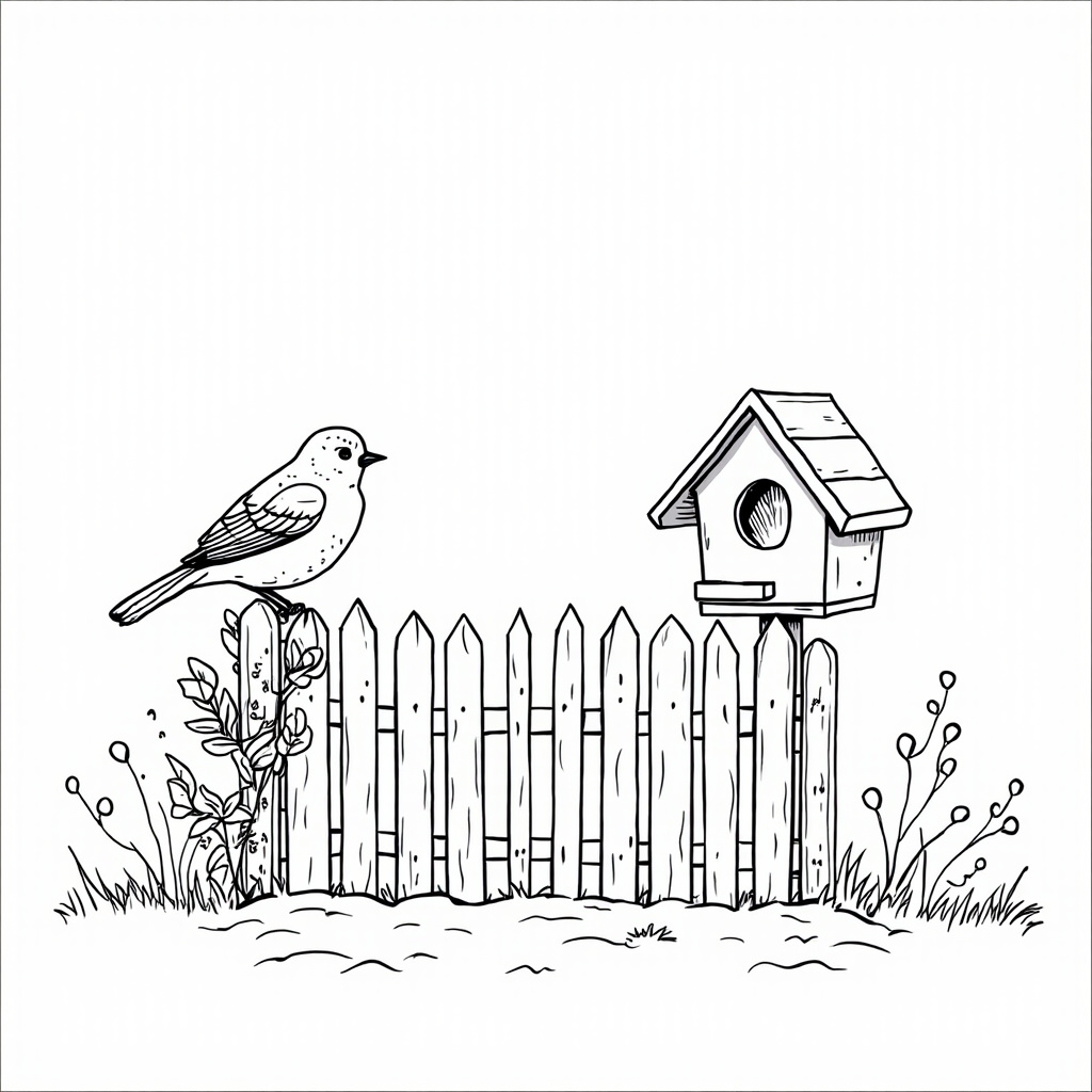 Songbird on a picket fence by a birdhouse