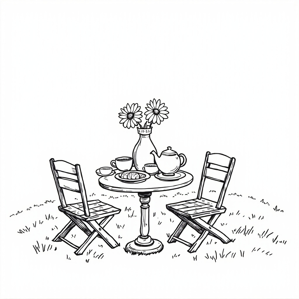 Garden tea party table with teapot and cups