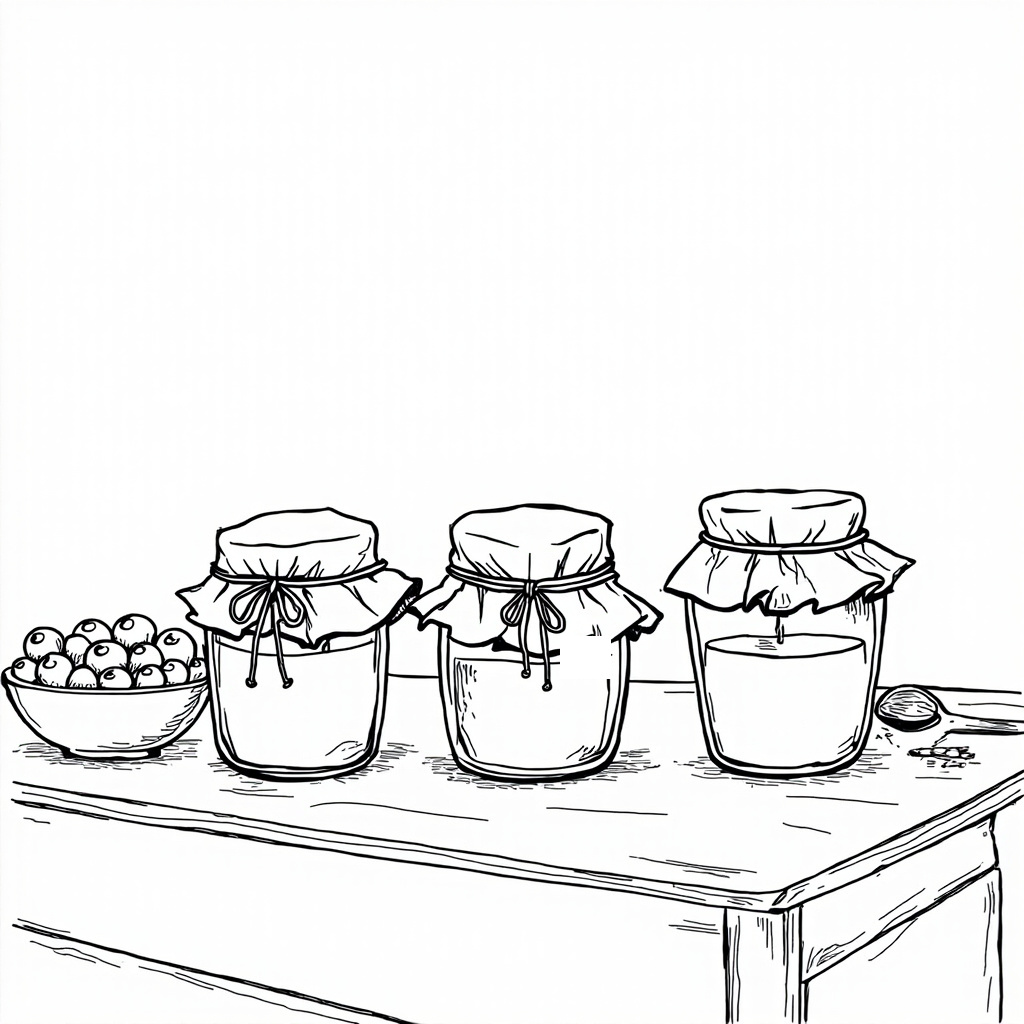 Jam jars with cloth covers on a garden table