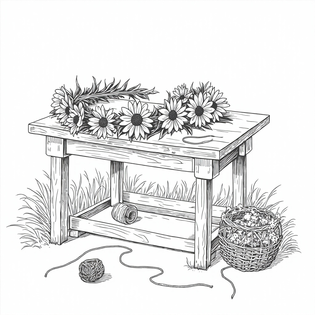 Half-woven daisy crown on a table with loose flowers