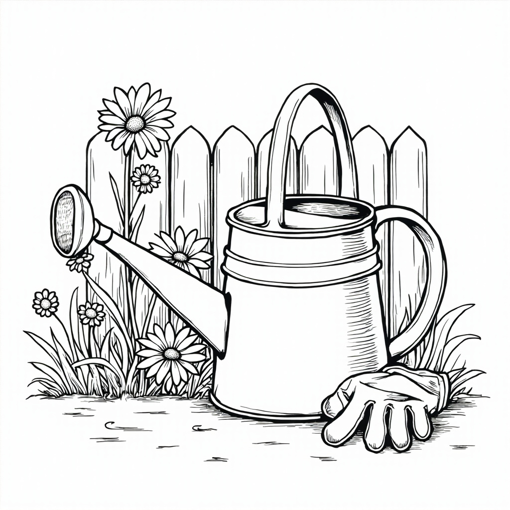 Watering can surrounded by flowers