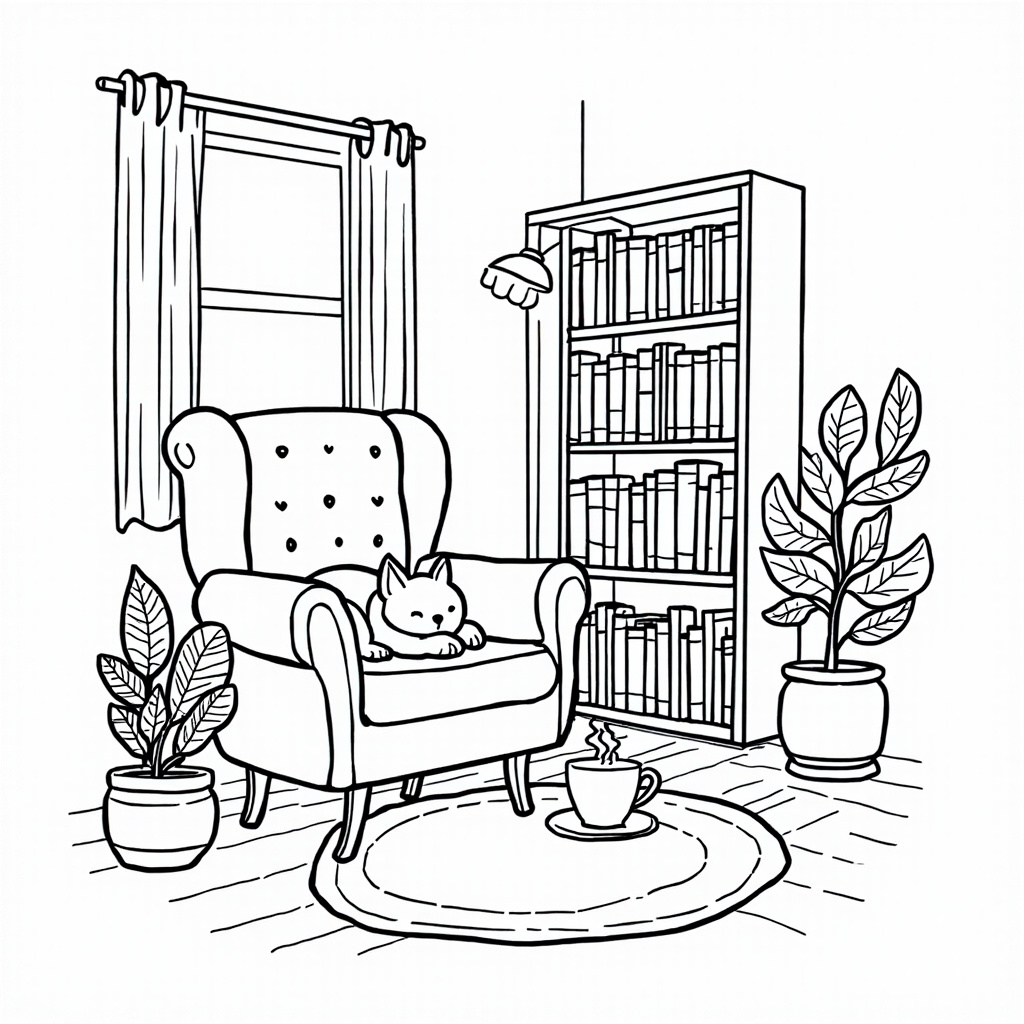 Reading nook coloring page: armchair with sleeping cat, bookshelf, plants and tea